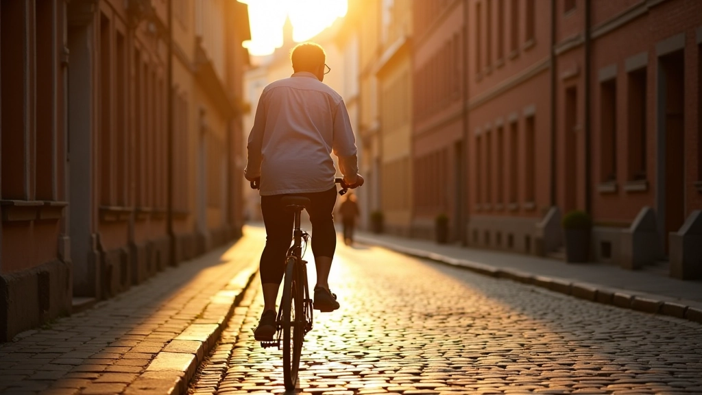 Velosipēdists braucis pa klintīm vecajā Rīgā ar senajai ēkām fona