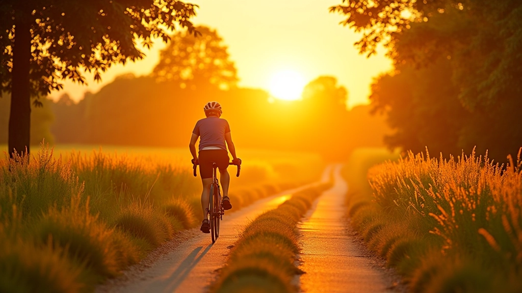 Skaista velosipēdista silueta ceļā, oranžs vestests, vasaras dienas gaisma, brīvības jūta