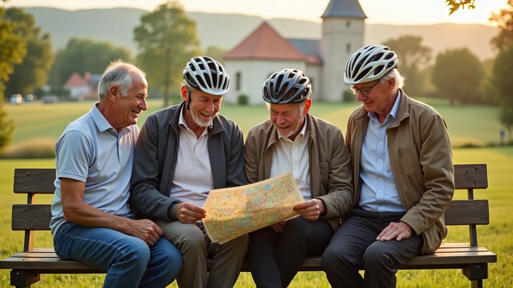 Pensionāru grupa pārskata maršruta karti pie kultūras objekta