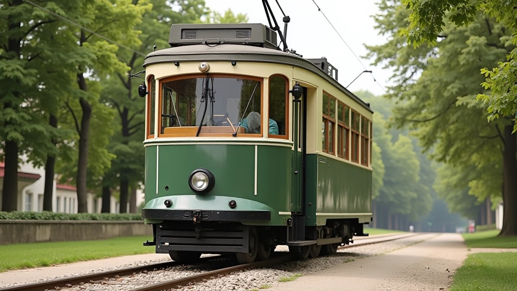 Satiksmes muzeja vēsturiskais tramvajs uz sliežiem, retro atmosfēra